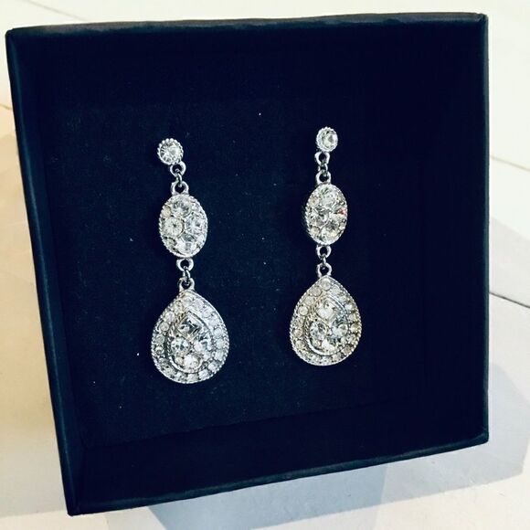 GIVENCHY PAVE SILVER TONE LINEAR TEARDROP EARRINGS - Picture 3 of 5